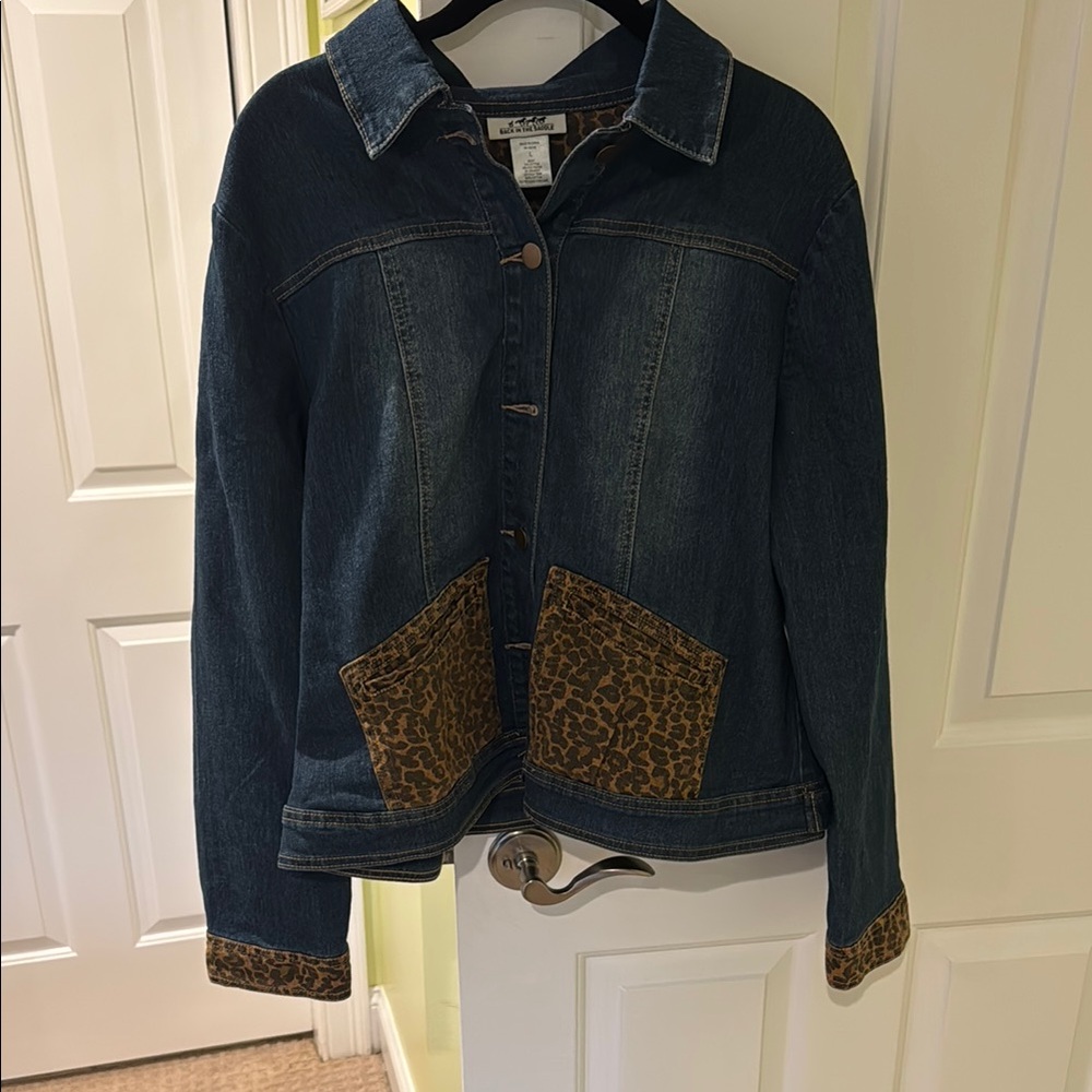 Denim Jacket with Leopard Trim - Women's Dark Blue Jacket